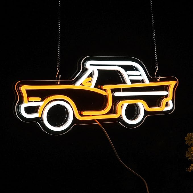 Car neon sign, Golden Yellow + White Led Signs USB Powered,For Bedroom Salon Bar Gym Garage Carpark Decor, Retro Car Led neon light sign(17.1x7.3in)