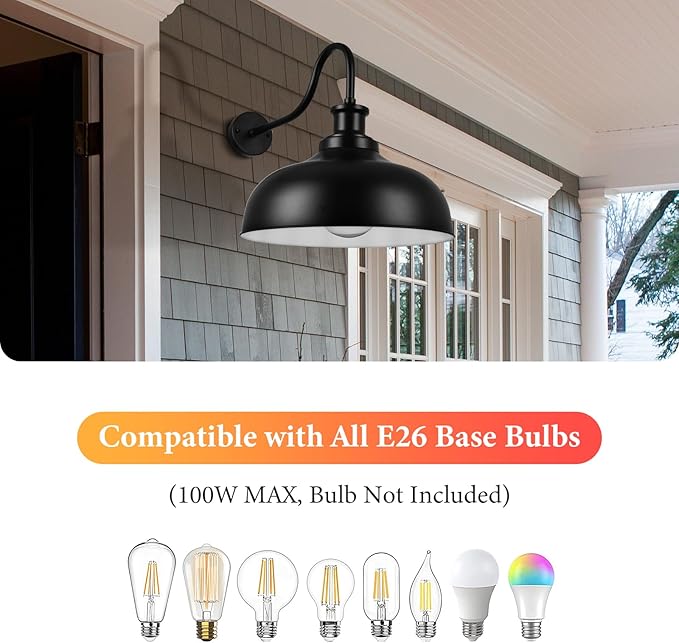 Outdoor Gooseneck Barn Light,16 Inch Dome Wall Sconce Farmhouse Exterior Mount Light Vintage Lighting Fixture Industrial Lantern, Entryway, Garage, 2 Pack, Black+White, (RZ007L-2 BK+WH)
