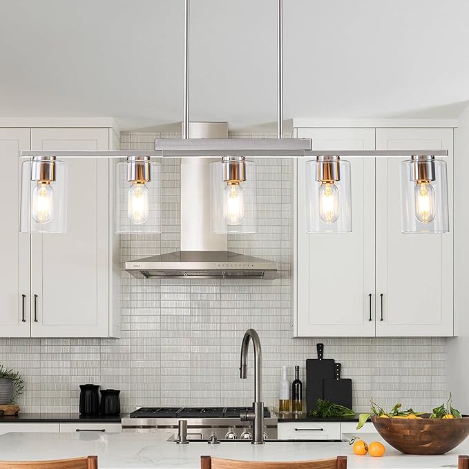 WILON Kitchen Island Lighting, 5 Lights Nickel Sand Linear Chandeliers Modern Farmhouse Chandelier with Glass Shades for Kitchen Island Living Dining Room Foyer Bedroom(Brushed Nickel,5 Lights)