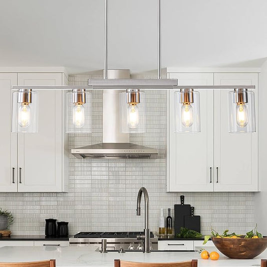 WILON Kitchen Island Lighting, 5 Lights Nickel Sand Linear Chandeliers Modern Farmhouse Chandelier with Glass Shades for Kitchen Island Living Dining Room Foyer Bedroom(Brushed Nickel,5 Lights)