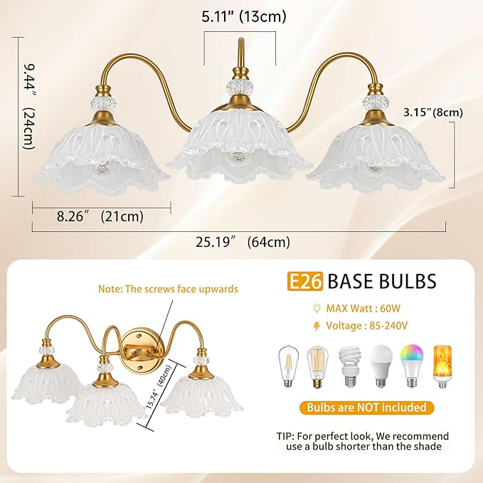 Vintage Bathroom Vanity Light, 3-Light Matte Brass Finish Vanity Light with Floral White Glass Shades, Retro Wall Sconce for Bathroom, Dressing Table