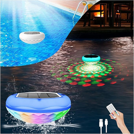 Solar Pool Lights(1 PCS), 2600mAh USB Rechargeable Floating Pool Lights, 6.7" IP68 Waterproof Solar Floating Light with Remote, RGB 13 Colors Upper and Lower Glow Hangable Light for Path, Hot Tubs