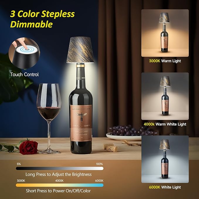 2025 New Wireless Bottle Lamp - LED Bottle Lights for Liquor & Wine Bottles, Cordless Lampshade, Whiskey Bottle Top Light, Bottle Stopper Night Light Kit, Rechargeable 3-Tone Touch-Dimmable