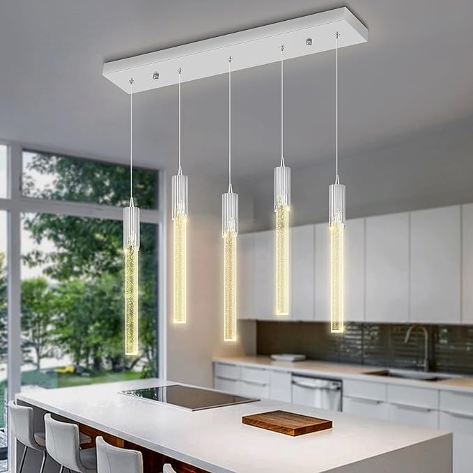 Flashing God 5-Lights Rectangular Pendant Lights for Kitchen Island Chrome Linear Crystal Chandelier Modern Chandeliers for Kitchen Island Dining Room
