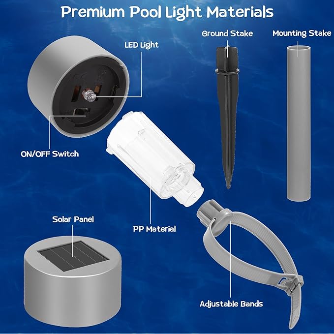 16 Pack Gray Solar Pool Lights for Above Ground Pools LED Solar Lights Warm Yellow Light Waterproof Above Ground Pool Light for Frame Pools Decoration Swimming Pools Night Accessories