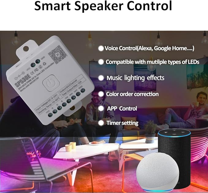 SP530E WiFi Alexa Voice Controller, Ws2812b Ws2811 Led Lights Controller, RGB RGBW RGBCCT Bluetooth Controller 5V-24V, LED Pixel Light Controller for WS2813 WS2815 SK6812