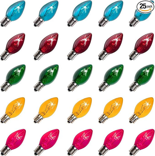 25 Pack C7 Replacement Christmas Light Bulbs, 5 Watt Multicolor Glass Bulbs for E12 Candelabra Base, Clear Incandescent Christmas Bulbs, UL Listed Indoor Outdoor Holiday String Light Replacements