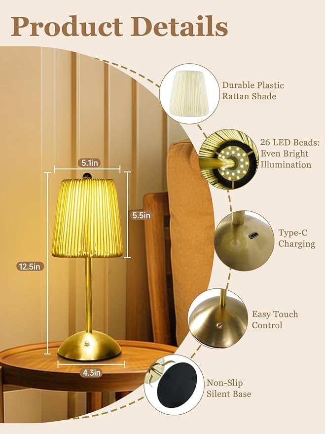 Boho Rattan Table Lamp, Cordless Wicker Woven Vintage Table Lamp - LED Rechargeable Touch Control 3 Color Dimmable Reading Bedside Lamp for Bedroom Living Room Office, Home Outdoor Decor (White-1)