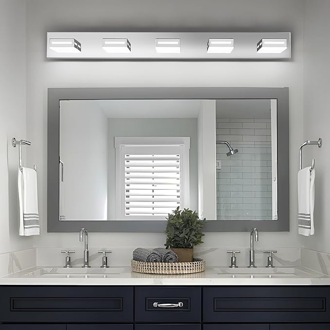 40-Inch 5-Light LED Modern Chrome Bathroom Vanity Light Fixtures Over Mirror, Bathroom Lighting Fixtures with Cool White 6000K, Rotatable Vanity Wall Lights for Bath Restroom Powder Room