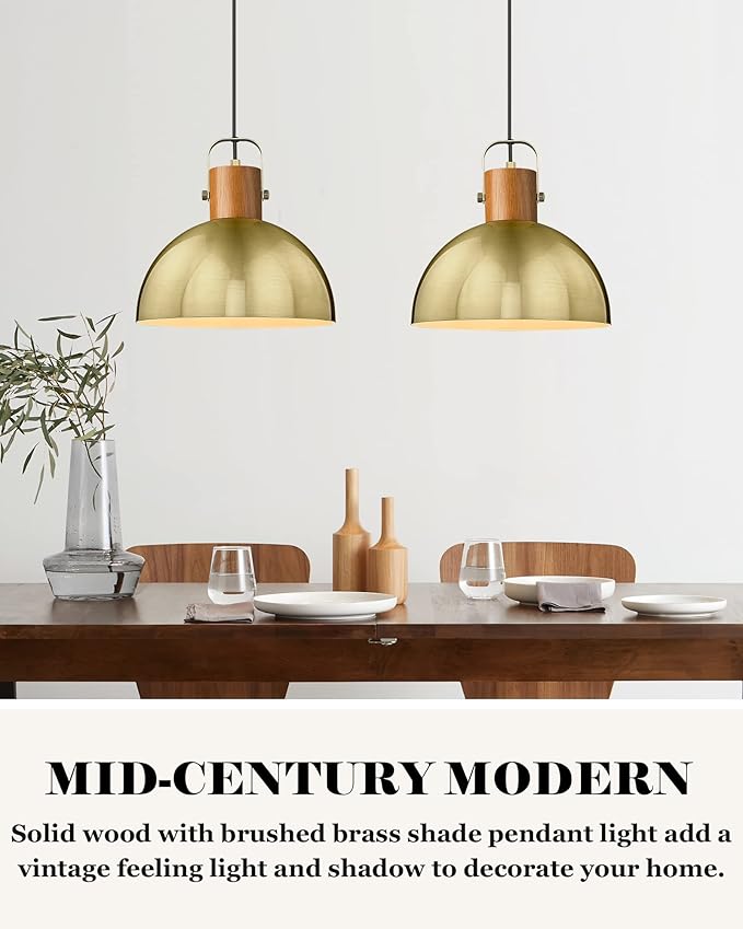 ELYONA Dome Pendant Light, 12" Rubber Wood Hanging Lamp with Vintage Gold Metal Shade, Mid Century Modern Pendant Light Fixtures for Kitchen Island Farmhouse Dining Living Room Hallway, Brushed Brass