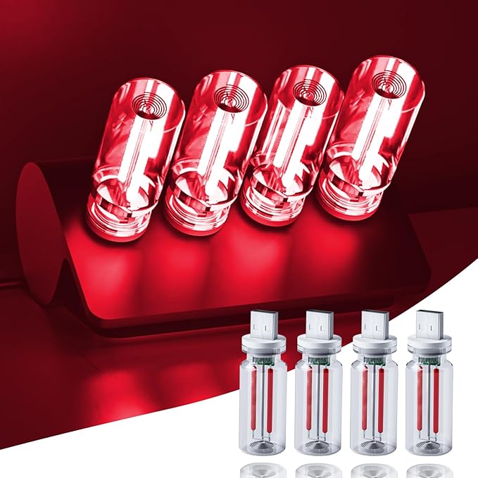 4 PCS Car USB Lights, Portable Plug-in Retro Car Interior Ambient Lights, Mini Touch Dimmable Glass Bottle LED Bulb, 2 Red and 2 Blue for Vehicle, Bedroom, Camping, PC (4 Red)