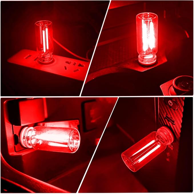 2 PCS Car USB Lights, Plug-in Retro Car Atmosphere Lamp with Touch Dimmable, Portable Mini Glass Bottle LED Bulb Night Lights for Vehicle Bedroom Hallway Camping Holiday Decoration (Red)