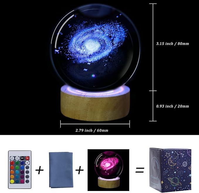 3D Galaxy Crystal Ball Night Light with Remote Upgraded 3.15 Inch Galaxy Planets Glass Ball Lamps with 16 Color LED Wooden Base for Birthday, Astronomy Space Universe Gifts for Boys Girls