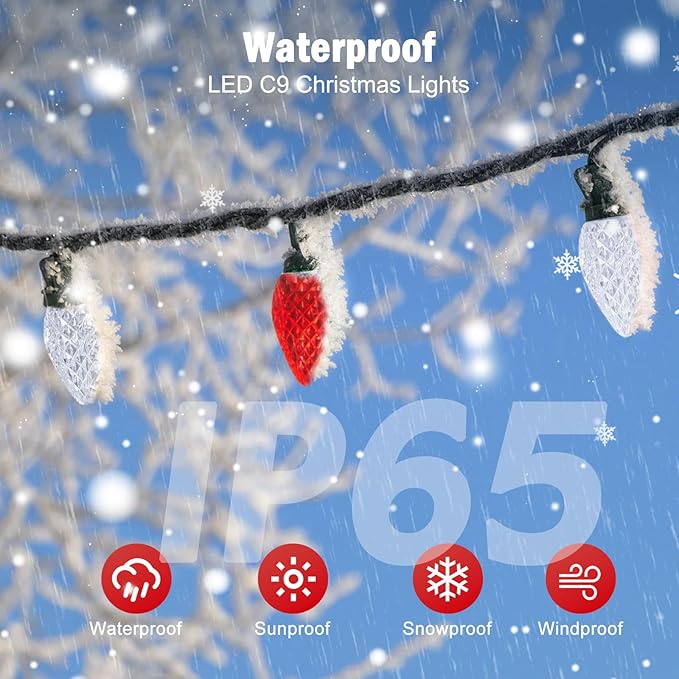 Brightown C9 Christmas Lights Outdoor 2 Pack - Total 162 FT 200 LED C9 String Lights, with Timing & Memory, 8 Modes, Connectable, Waterproof - for Indoor Outside Tree Home Yard Decoration, Red&White