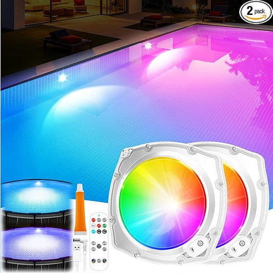 Rechargeable Submersible Pool Lights with Remote, 5000mAh Underwater Led Pool Light for Above Ground Pool Lights Waterproof, 9 Modes Color Changing Magnetic Swimming Inground Pool Lights-2PC