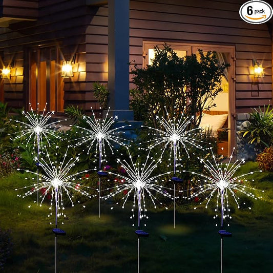 Solar Garden Firework Lights Outdoor Waterproof, 6 Pack Solar Powered Art Stake Twinkle Lighting for Outside Decor, 120 LED Sparklers String Lights for Yard Pathway Decorations(White)