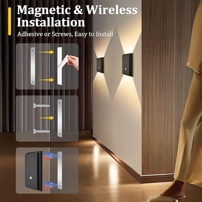 Battery-Operated Motion Sensor Wall Light: 5000mAh Rechargeable Wall Sconce Set of 2 Motion Sensored Closet Light Magnetic Stair Lights Indoor Wireless Wall Sconces Night Light for Bedroom Hallway