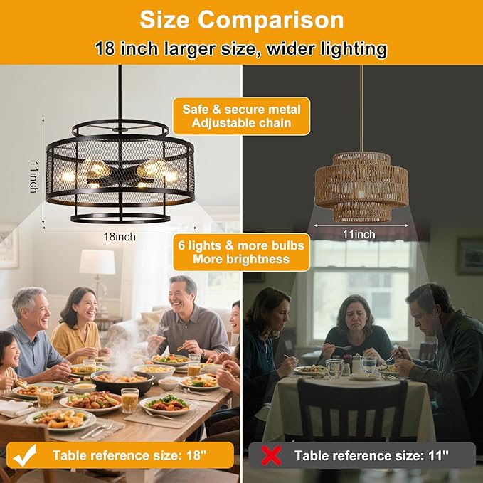 18" Modern Pendant Lights Kitchen Island, 6-Light Matte Black Pendant Light Fixtures, Industrial Farmhouse Hanging Pendant Lights for Kitchen Island Dining Room Living Room Bedroom Foyer Entryway