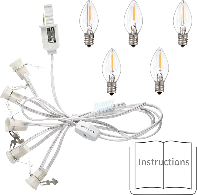 Meonum 1 Pcs Christmas Village Lights, 5 Base C7 String Bulbs Christmas Village Light Cord with ON/Off Switch Spare Fuse, Blow Mold Light Kit for Xmas Mini House