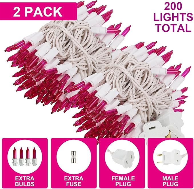 WATERGLIDE 2 Pack Valentine's String Lights, 100 Count 20 FT White Wire Mini Incandescent Christmas Fairy Light, UL Certified for Patio Garland Garden Easter Holiday Outdoor Indoor Decor, Pink