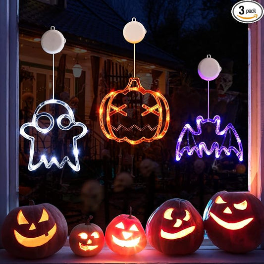 LOLStar Halloween LED Lights Decorations 2025 Orange Pumpkin White Ghost Purple Bat Window Display with Suction Cups, Battery Operated Window Decor Slow Fade Mode and Timer 3-Pack