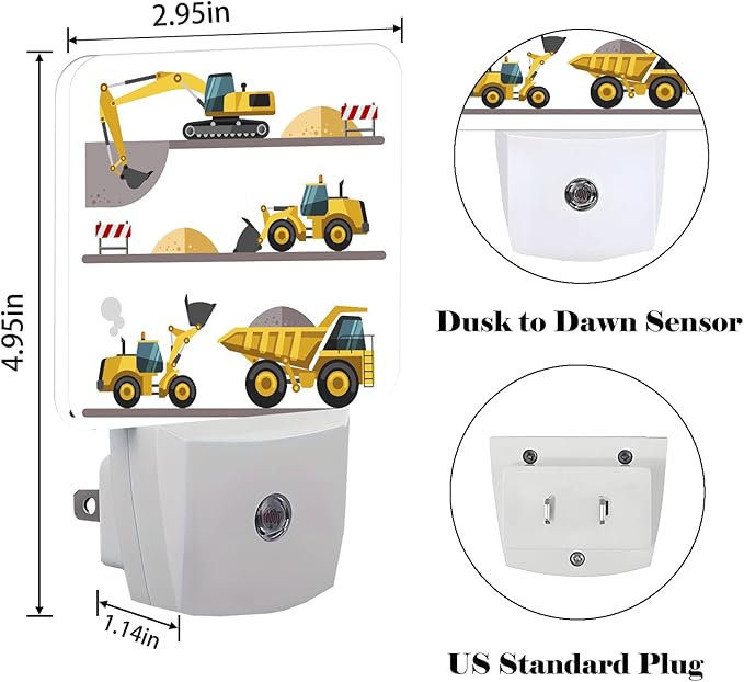 Catoon Trucks Cars Night Light,Plug-in Night Lights with Dusk-to-Dawn Sensor for Stairway,Hallway,Bedroom Sleep Friendly Ideal for Women/Girls/Boys Gift,0.5w