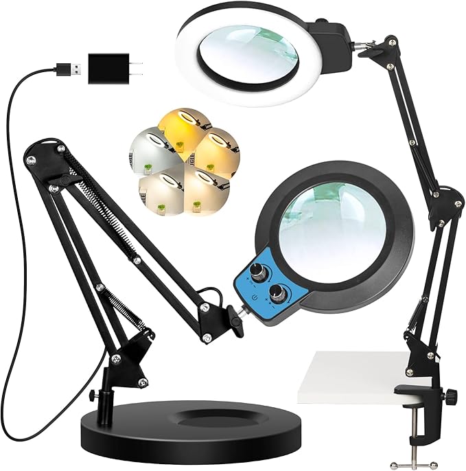 10X Magnifying Glass with Light and Stand, Upgraded Any Color Modes & Stepless Dimming Magnifying Lamp, 2-in-1 Hands Free LED Lighted Magnifier Desk Lamp for Craft Sewing Close Work-Blue Label