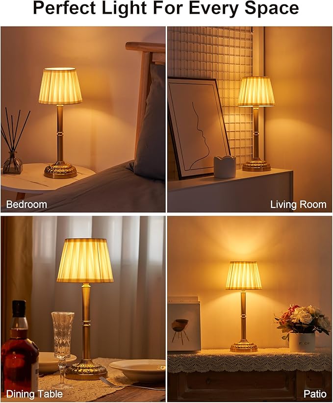 Rechargeable Cordless Table Lamps Set of 2 with Fabric Shade – Small Battery Operated Lamp, 3-Way Touch Dimmer, Portable Wireless Lighting for Restaurant Dining Bedside Kitchen Living Room Patio