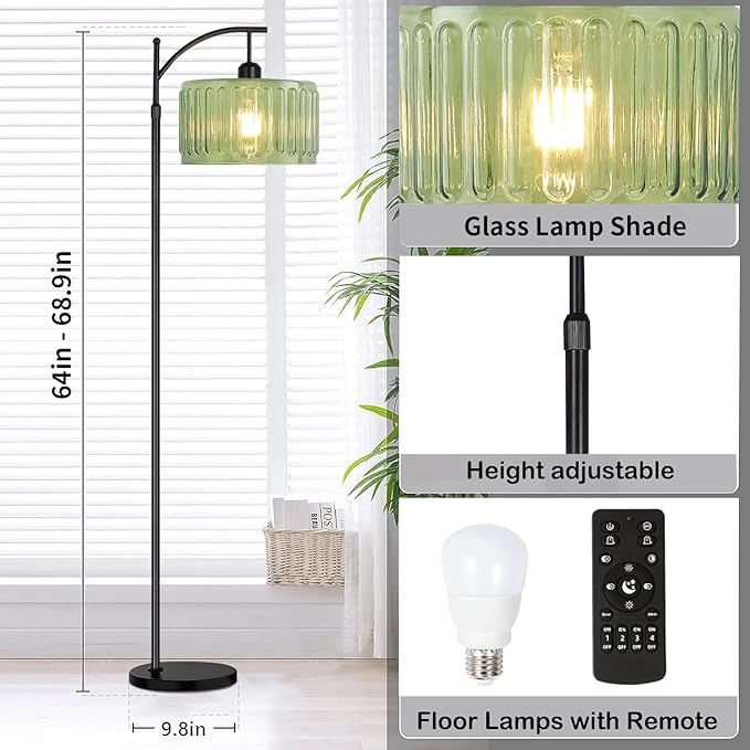 Black Floor Lamp for Living Room,Bedroom,Standing Lamp with Remote Dimmable Tall Lamp Vintage Retro Mid Century Modern Floor Lamps Arc Green Glass Lamp Floor Light Boho Bohemian