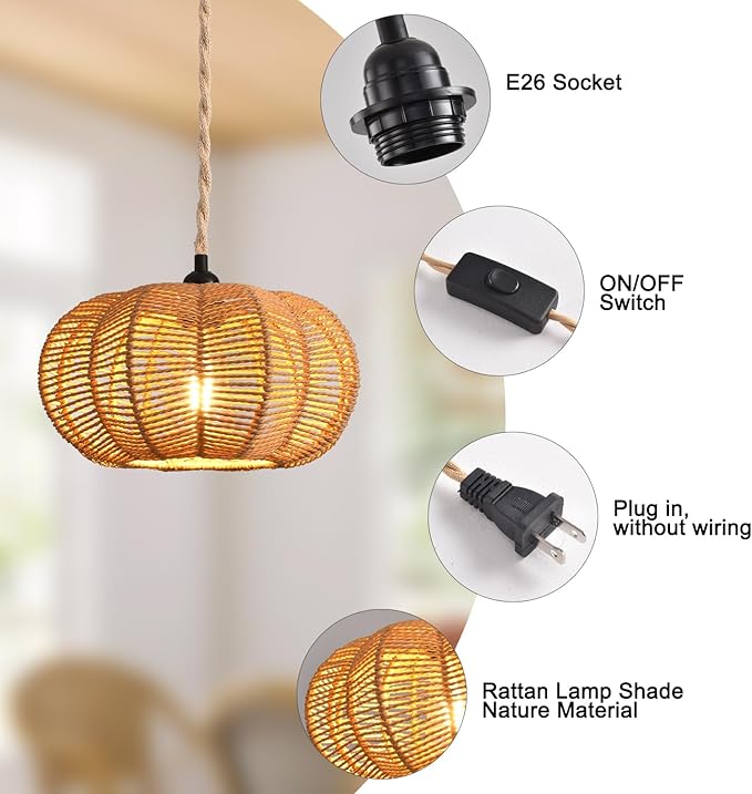Industrial 15ft Pendant Light Cord -Plug in Hanging Light Fixture, 15FT Farmhouse Pendant Lamp Lights with Switch Cord for Kitchen Island Bedroom Living Room