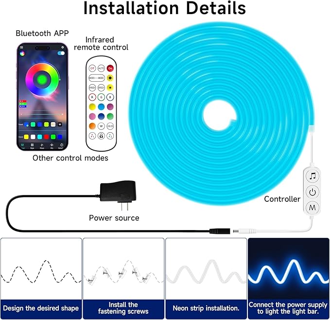 LED Neon Rope Lights, 23ft RGB LED Light Strip, 24V Music Sync App/Remote Control DIY Rope Light, IP67 Waterproof Gaming LED Neon Strip Lights for Bedroom Indoor Oudoor Décor