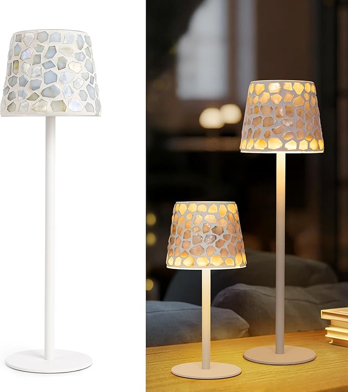 AELS Mosaic Touch Cordless Lamp, 5200mAh Rechargeable Portable LED Desk Lamp, 3 Color Stepless Dimming Battery Powered Lamp, Wireless Table Light for Wedding Dinner Patio Garden Cafe Bedroom, White