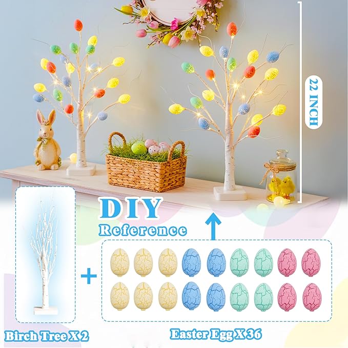 Vanthylit Easter Decorations, 2 Pack Lighted Easter Tree Battery Operated with Timer, 22 Inch LED Birch Tree with 36 Egg Ornaments Indoor Tabletop Centerpiece Light for Home Decor
