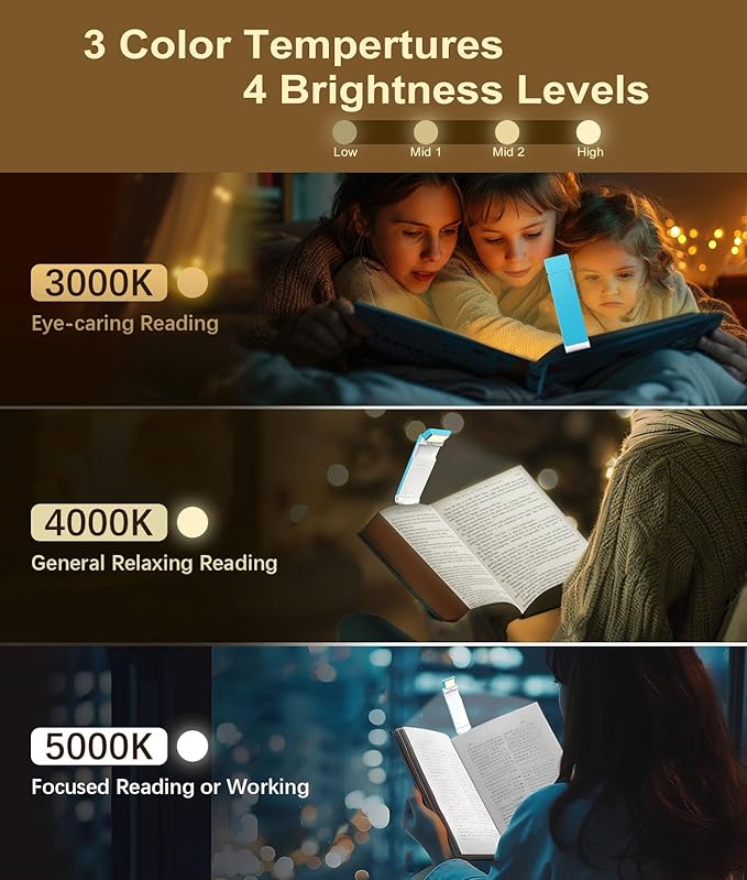 VTIGER Reading Light, USB Rechargeable Book Light for Reading in Bed,Foldable Clip-on LED Booklight, 3 Amber Colors & 4 Brightness Dimmable,Long Lasting Portable Bookmark Lamp for Book Lovers, Kids