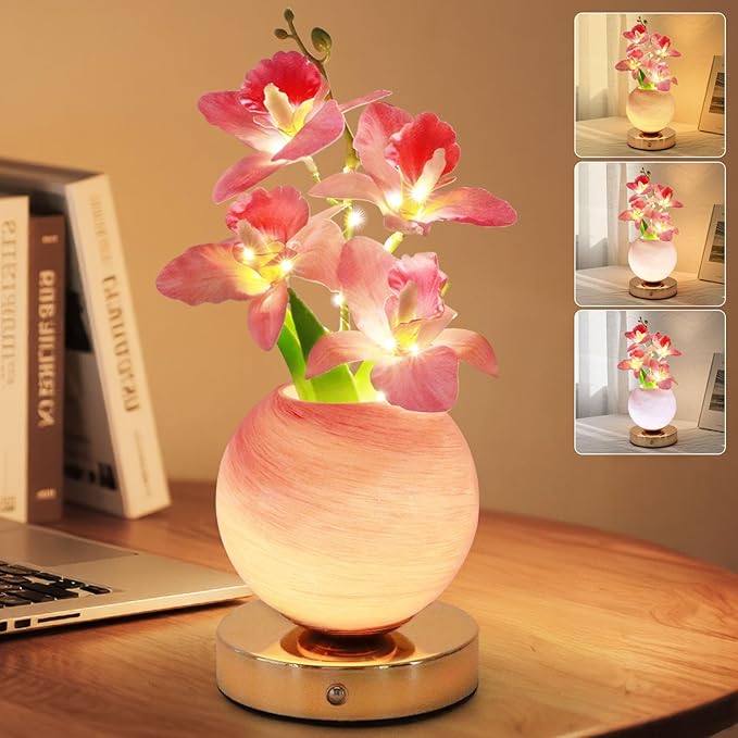 Flower Table Lamp, 3 Colors Orchid Night Light, Cordless Touch Dimming Artificial Flower with Vase Lamp, LED Bedside Night Light Romantic Gifts for Girl Women Mom (Pink Orchid)