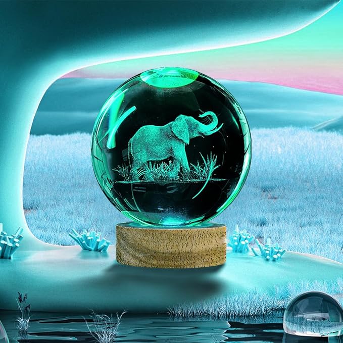 3D Elephant Crystal Ball Night Light with Woodern Base, 3.15" Elephant Figurines Glass Lamp with 16 Colors Cool Desk Decor Elephant Gifts for Women Kids Friends Adults