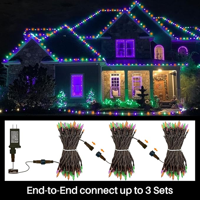 LAMPHOME Orange Purple Green Halloween String Lights Outdoor, 32.5FT 100 LED Waterproof Christmas Lights with 16 Lighting Modes for Halloween Garden Party Christmas Xmas Tree Lights Decor