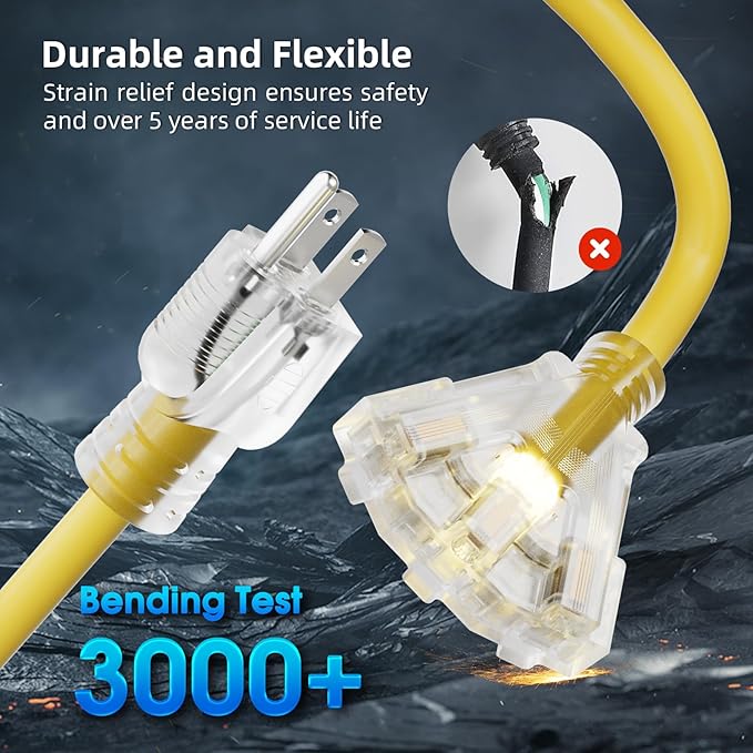 100 FT Outdoor Extension Cord with Multiple Outlets, 12 Gauge Heavy Duty Yellow Extension Cord Waterproof with 3 Outlet, 3 Prong Power Cord for Garden and Home Use Indicator Light, ETL Listed