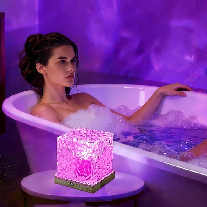 LETOUR Bathroom Mood Light,Rechargeable Shower Light 16 Color Changeable Ocean Wave Projector Lamp, Dimmable Waterproof Shower Lamp with Remote, Rotating Cube Water Ripple Lamp for Bath