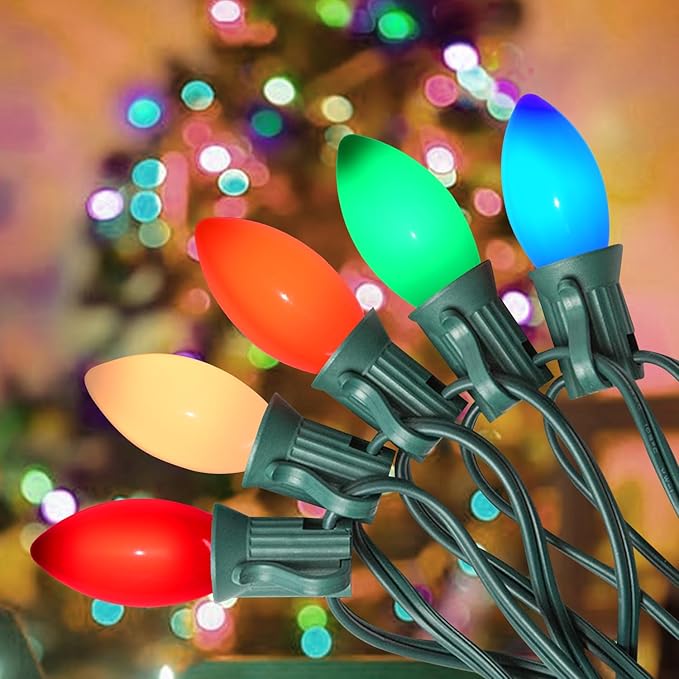 50FT C9 Multicolor Christmas Lights Outdoor, Vintage Christmas Lights Green Wire with 50+5 Multicolored C9 Ceramic Bulbs, Hanging String Light for Xmas Tree Home Yard Party Decor, 7W, E17 Base