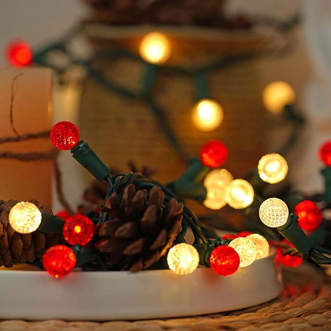 BOHON Christmas Lights Outdoor Faceted G15 50 LED 17ft Plug in Mini Globe String Lights Waterproof Extendable Green Wire for Indoor Patio Xmas Thanksgiving Tree Decoration Red and Warm White