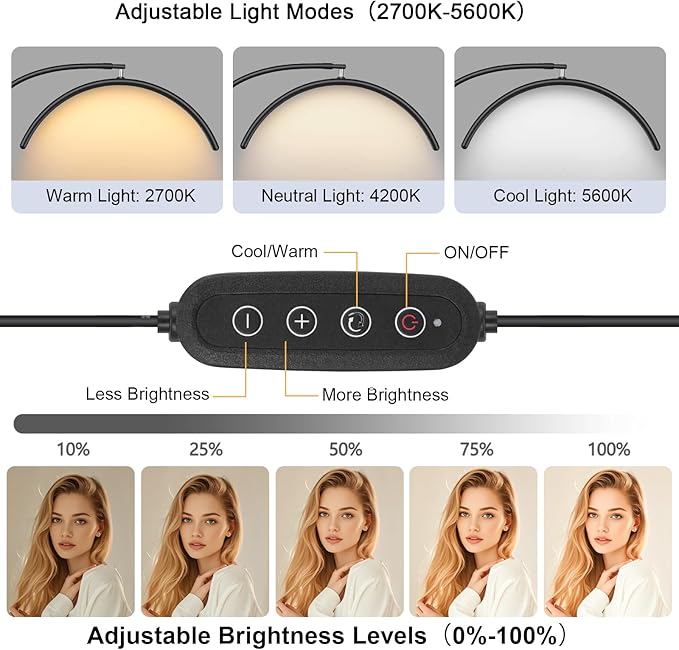 Half Moon Lash Light with Tool Tray for Eyelash Extensions & Estheticians, Dimmable LED Lash Lamp with Flexible Gooseneck, Shadow-Free Moon Light for Lash Tech, Tattoo, SPA, Eyelash Lamp (BLack)