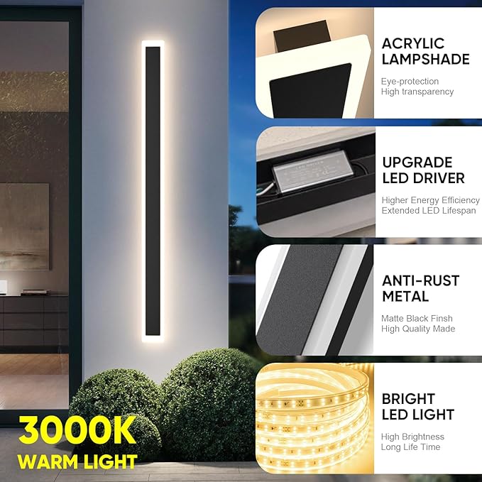 2-Pack Outdoor Wall Lights, 47.2inch Long Wall Sconce Modern Porch Light, Black Exterior Sconce Light Fixture, IP65 Waterproof Outside Lights for Patio House Garage Porch (3000k)