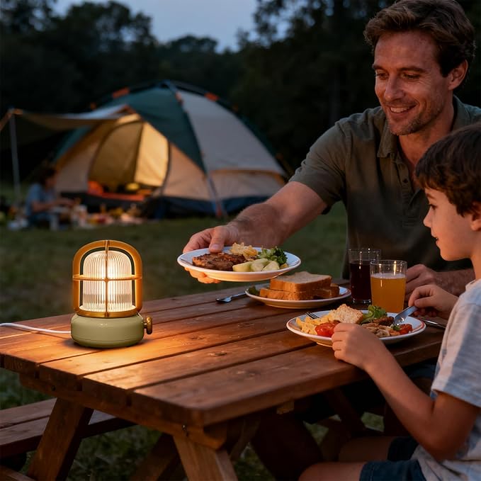 Cute Camping Lantern with Adjustable Dimming & USB-C Charging, Desk Decor for Bedroom, Indoor Outdoor Adventures & Emergency Use Gift, Retro Atmosphere Lamp for Bar (Green)