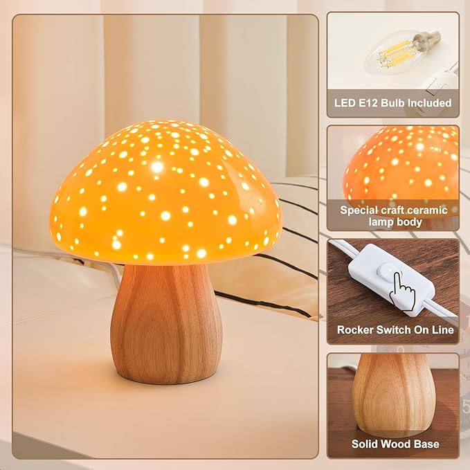 BOHON Mushroom Lamp, Ceramic Bedside Table Lamp for Bedroom Nightstand, Retro Vintage Orange Night Light, Small Aesthetic Lamp for Living Room Desk Home Decor, LED Bulb Included, Orange