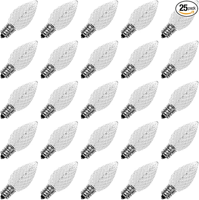 Meconard C7 Led Replacement Christmas Light Bulbs, C7 Shatterproof Led Bulbs for Christmas Indoor Outdoor String Lights, E12 Candelabra Base, Commercial Grade Holiday Bulbs, Cool White, 25 Pack