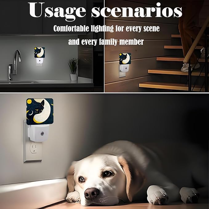 Black Cat Moon Night Light,Plug Into Wall for Boys Girls Bedroom Decorative Square Night Light Lamp 0.5w Sleep Friendly