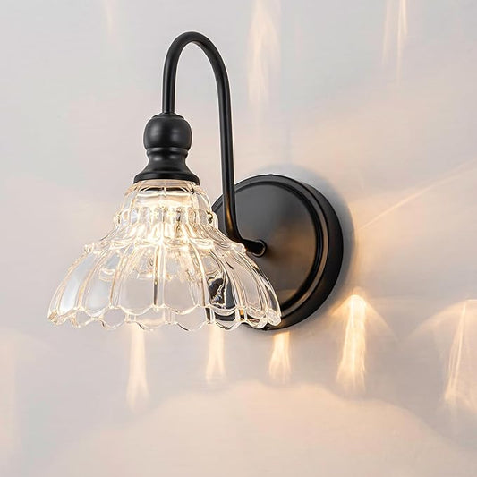 Vintage Bathroom Light Fixtures Over Mirror, 1-Light Black Wall Sconce Lighting with Flower Glass Shade, Farmhouse Vanity Lights for Bedroom Kitchen Living Room Hallway Light
