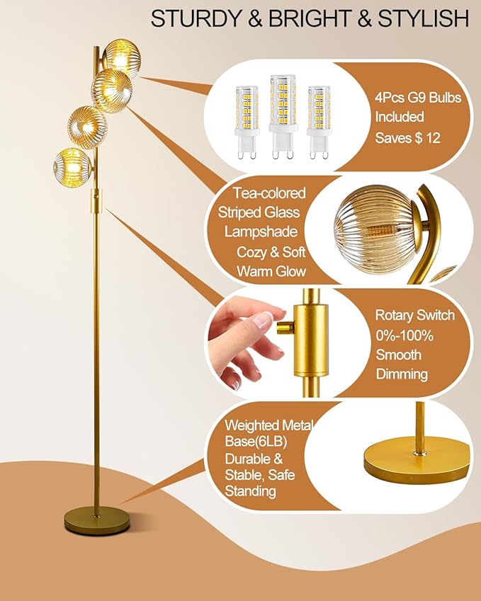 Lightdot 64IN Dimmable Floor Lamp with Glass Globe Shade, Modern Gold Standing Lamps with 4PCS Bulbs Included Soft Warm White Eye Care, Mid Century Floor Lamp for Living Room/Sofa Beside/Corner Decor