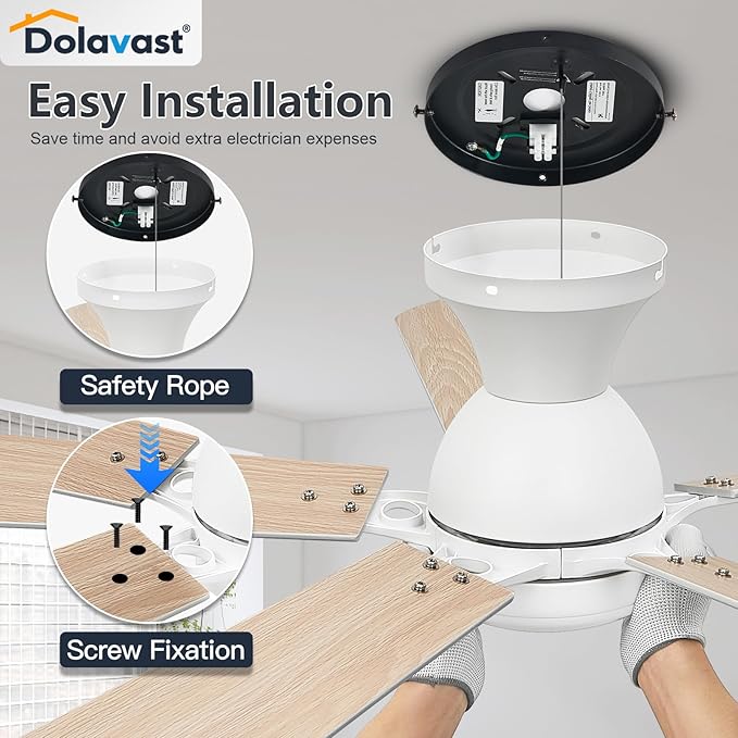 Ceiling Fans with Lights and Remote, 52 Inch White Ceiling Fan with Light, Low Profile Reversible Fandelier Ceiling Fan, Dimmable LED, Flush Mount, Quiet DC Motor, for Bedroom Kitchen